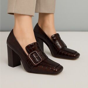 Louise Et Cie Ovidio Loafer Elegant Brown Croc Embossed Block Heel Loafers SZ6.5
